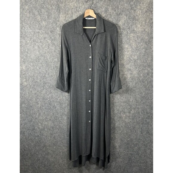 Zara Women's Gray Soft Button Down Collared Shirt Dress Midi 3/4 Sleeve Small - Picture 3 of 16